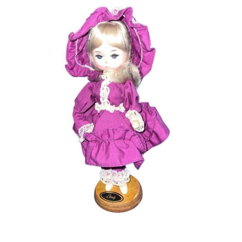 Vintage Bradley Doll Candy Porcelain Doll Purple Dress Bonnet Display Stand